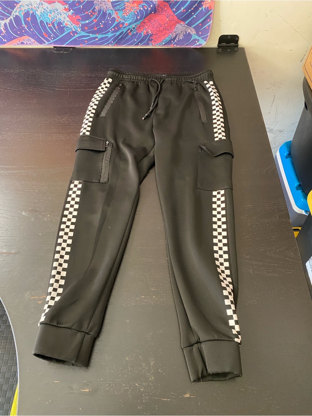 Men's Black Jogger Pants with Checkerboard Side Trim